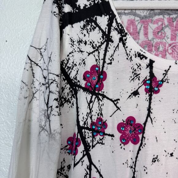 Christian Audigier Crystal Rock Top Womens Large Crane Blossom Y2K Tunic Shirt T - Picture 8 of 13